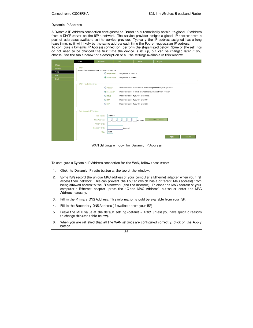 Conceptronic C300BRS4A user manual WAN Settings window for Dynamic IP Address 