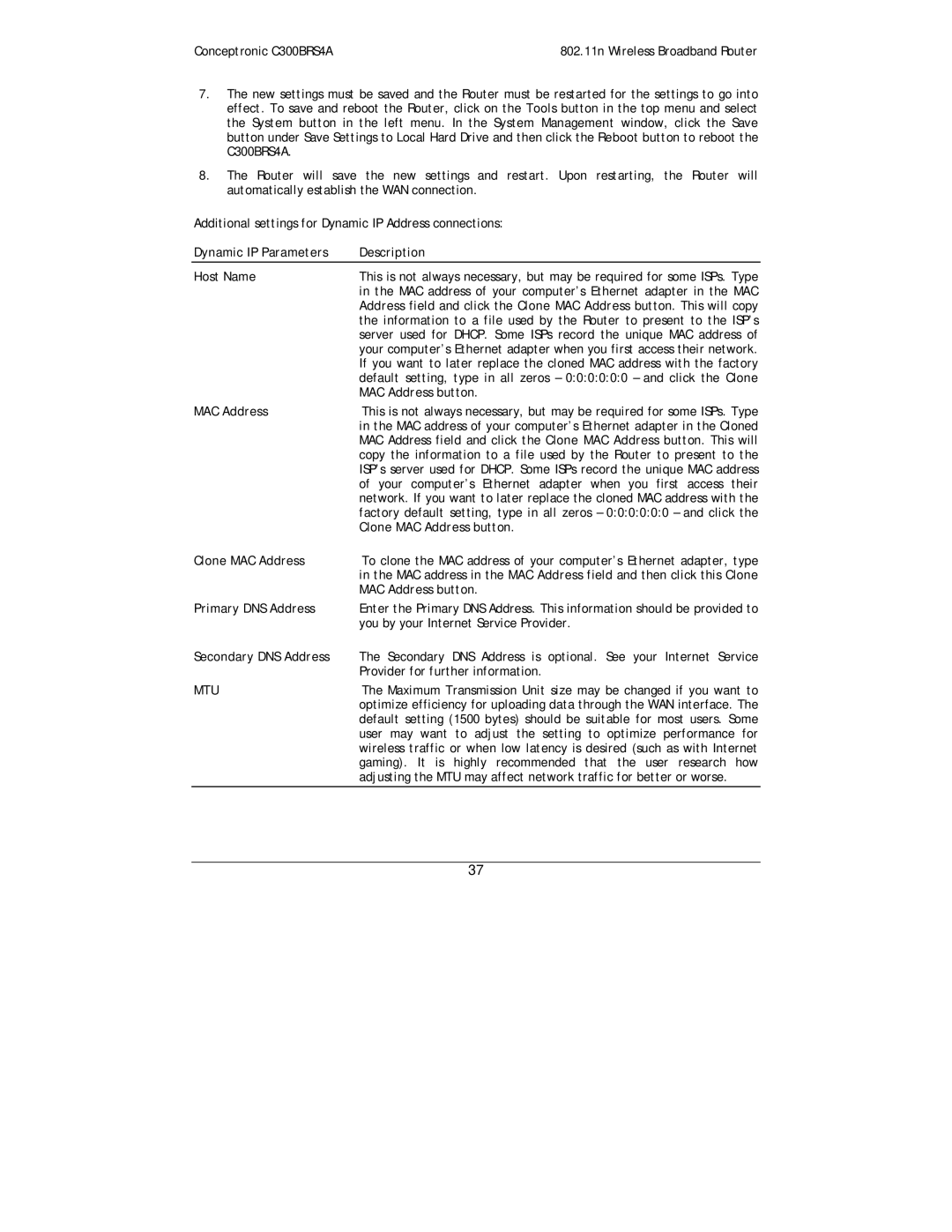 Conceptronic C300BRS4A user manual Dynamic IP Parameters Description Host Name, Clone MAC Address button 