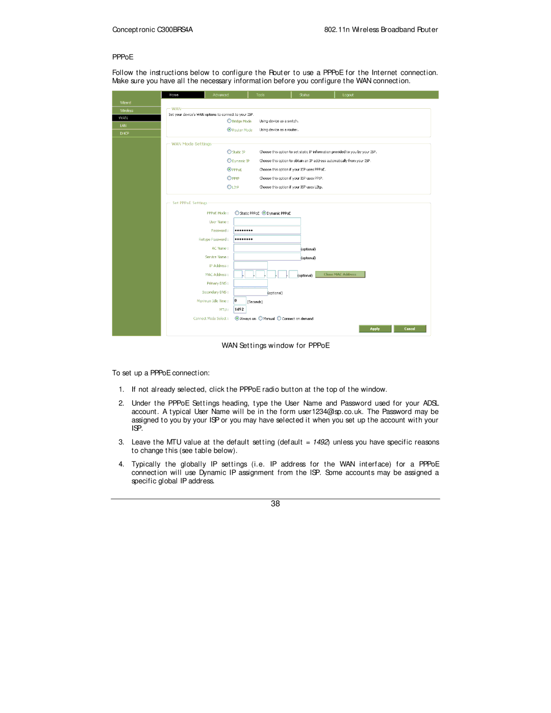 Conceptronic C300BRS4A user manual WAN Settings window for PPPoE 