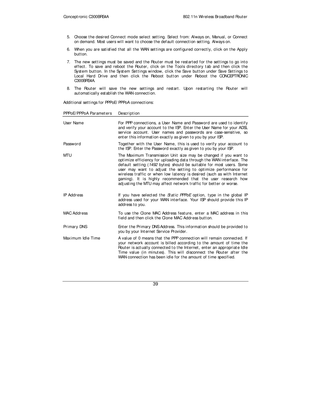 Conceptronic C300BRS4A user manual PPPoE/PPPoA Parameters Description User Name, Password, Primary DNS, Maximum Idle Time 