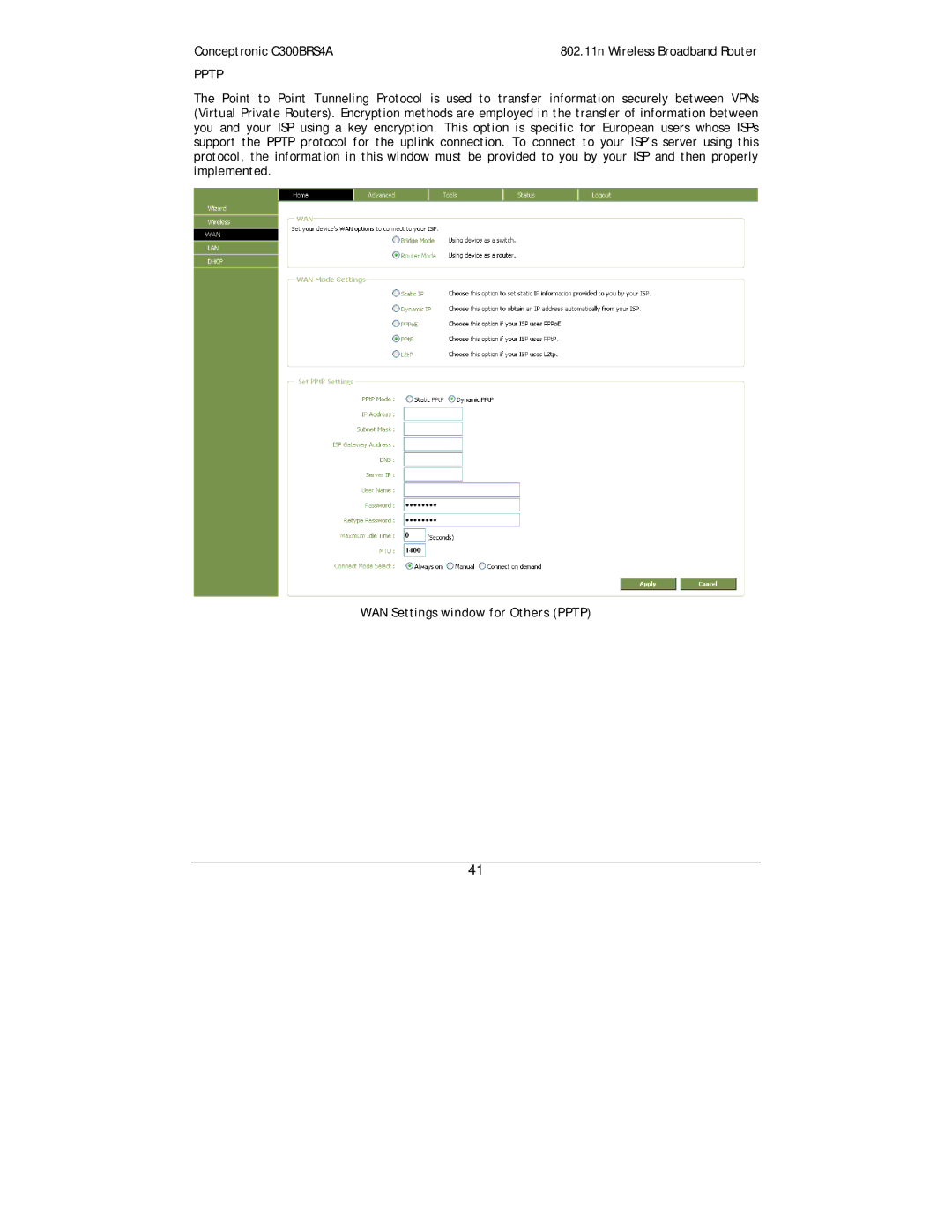 Conceptronic C300BRS4A user manual WAN Settings window for Others Pptp 