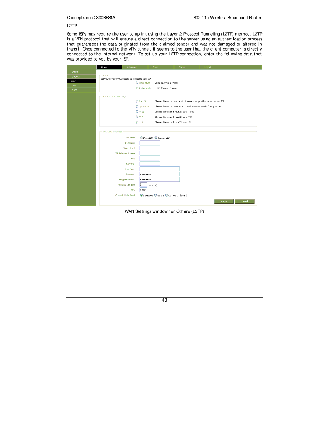 Conceptronic C300BRS4A user manual WAN Settings window for Others L2TP 