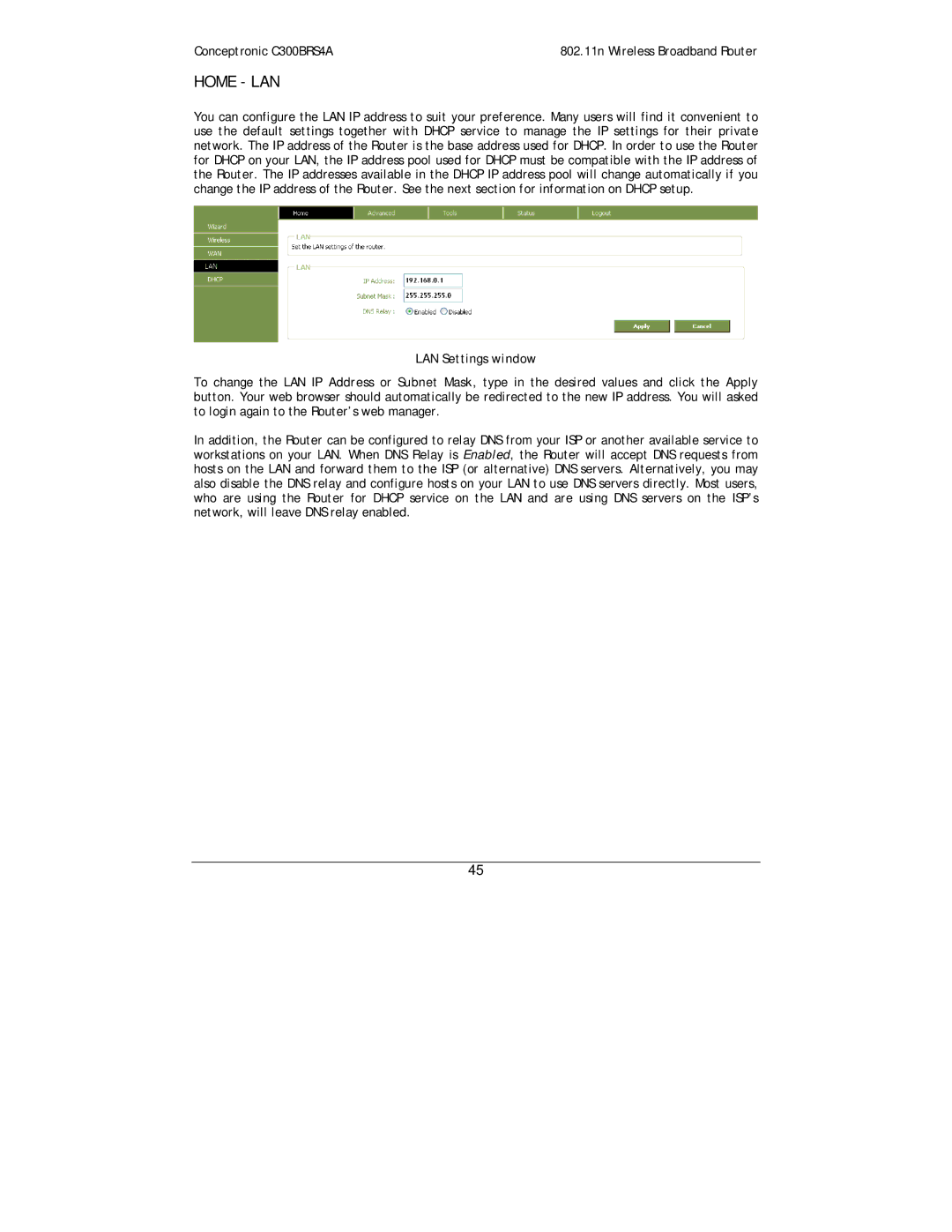 Conceptronic C300BRS4A user manual Home LAN, LAN Settings window 