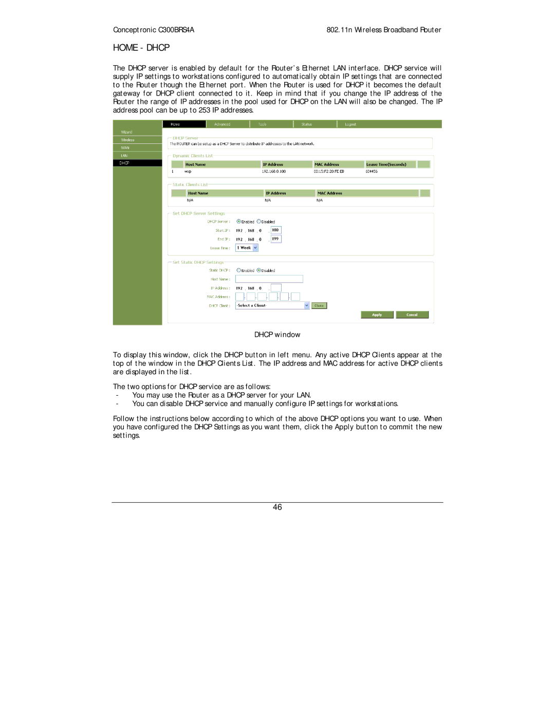 Conceptronic C300BRS4A user manual Home Dhcp, Dhcp window 