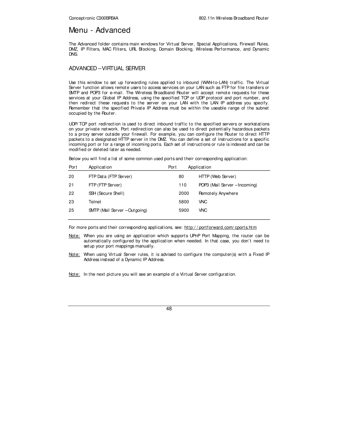 Conceptronic C300BRS4A user manual Menu Advanced, Advanced Virtual Server, Smtp Mail Server Outgoing 5900 