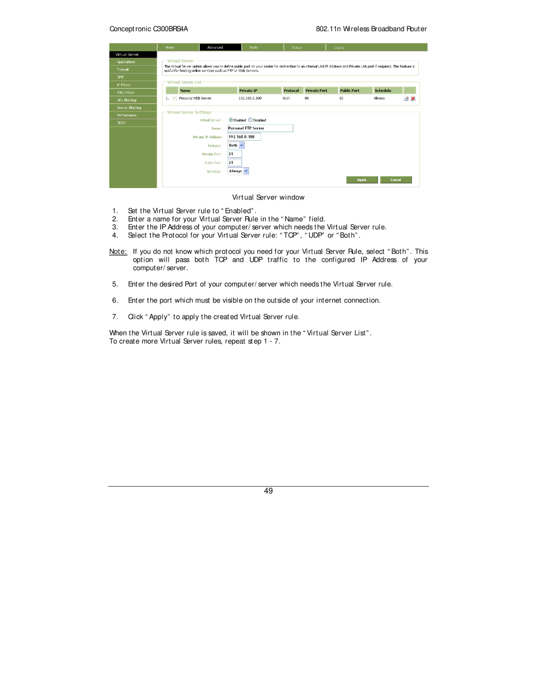 Conceptronic C300BRS4A user manual Virtual Server window 