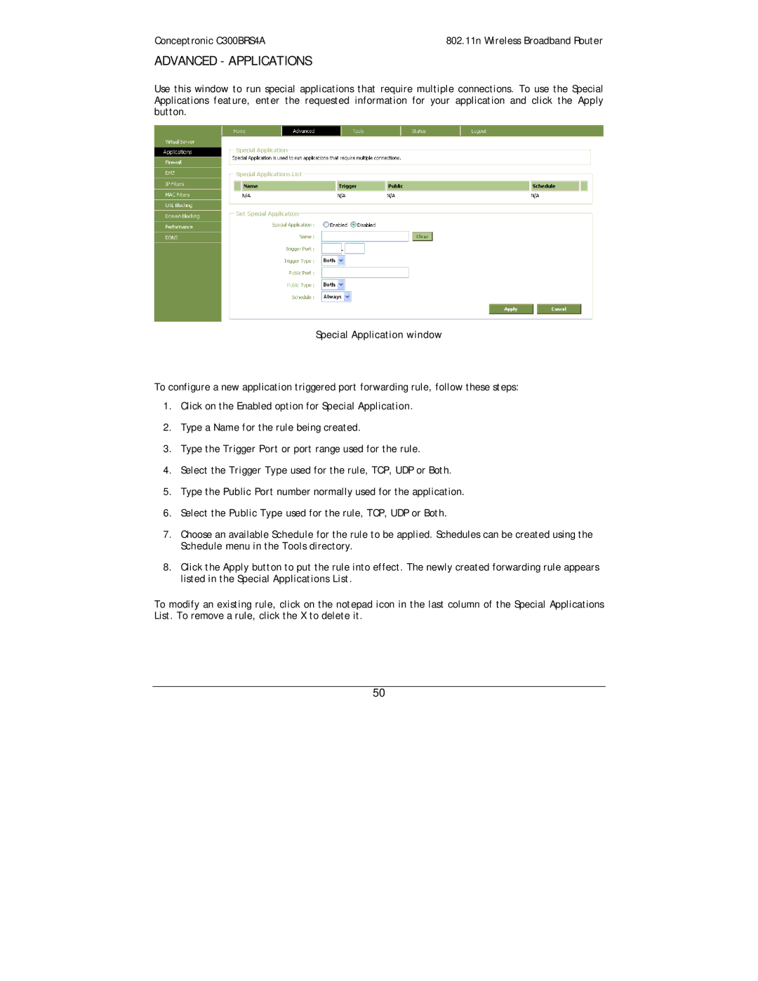 Conceptronic C300BRS4A user manual Advanced Applications, Special Application window 