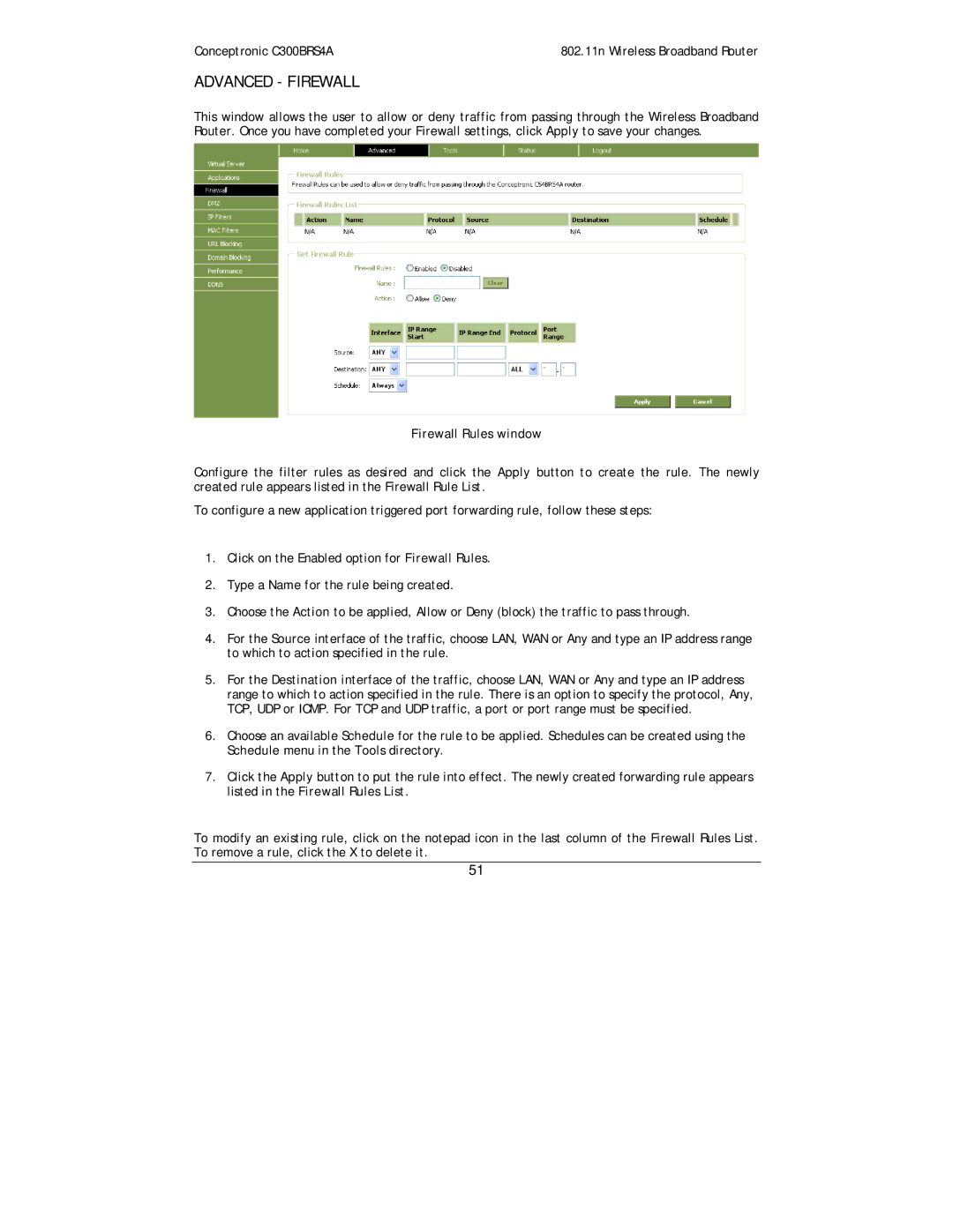 Conceptronic C300BRS4A user manual Advanced Firewall, Firewall Rules window 