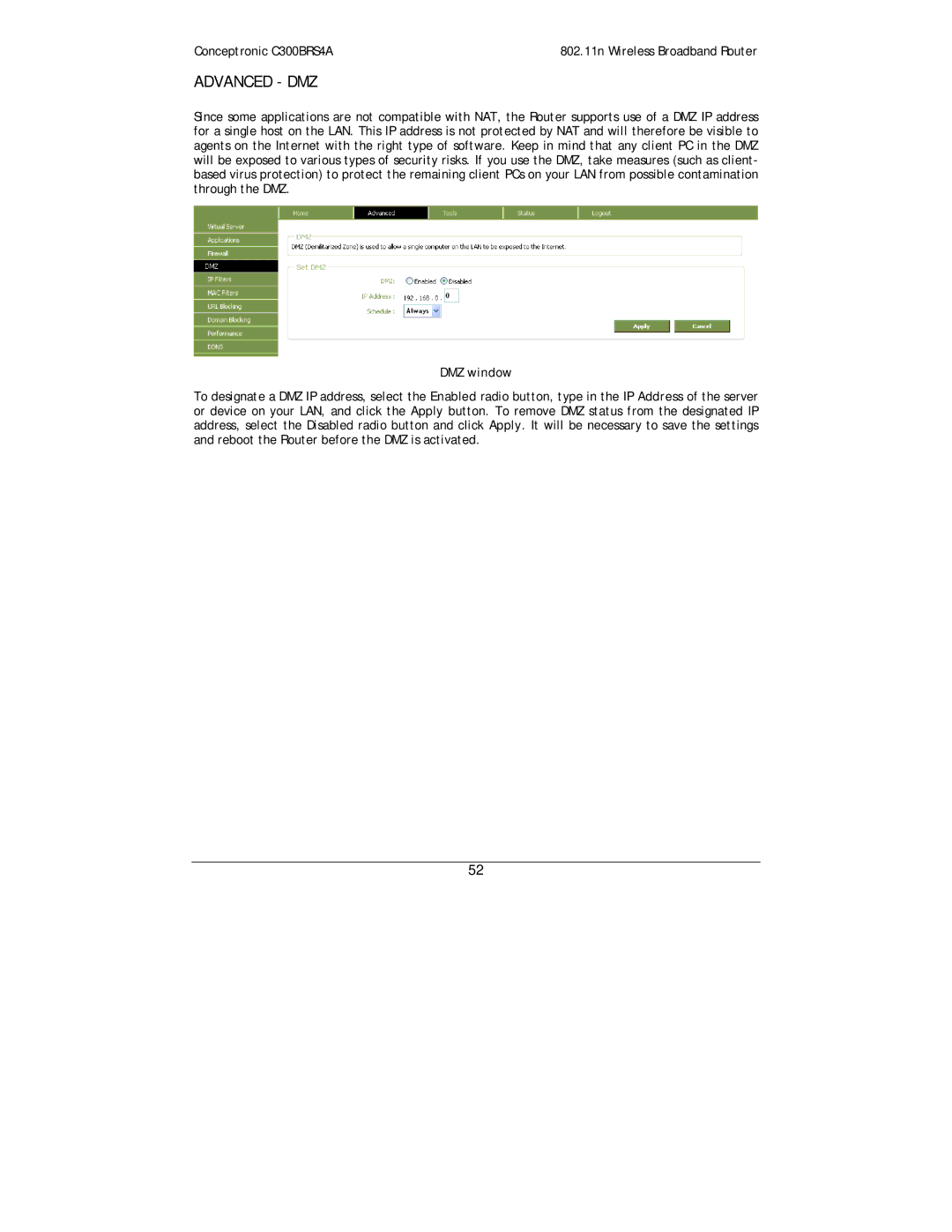 Conceptronic C300BRS4A user manual Advanced DMZ, DMZ window 