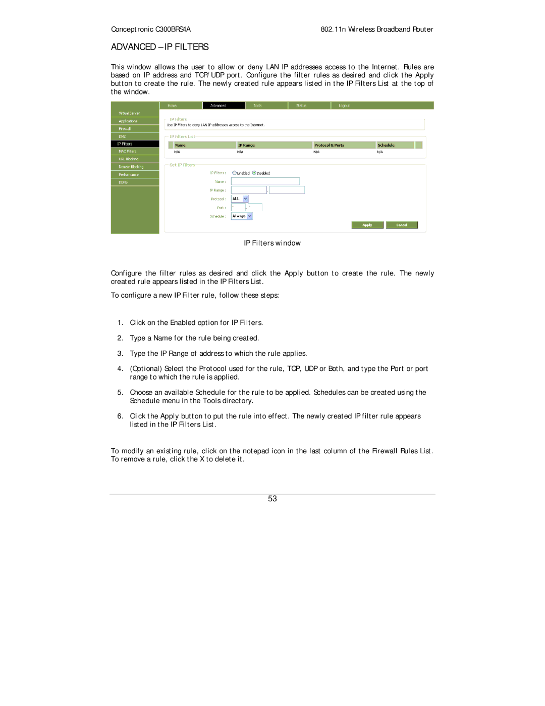 Conceptronic C300BRS4A user manual Advanced IP Filters, IP Filters window 