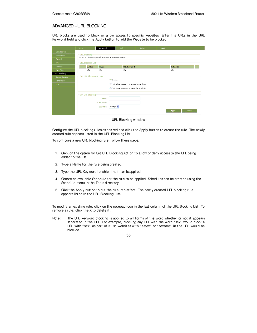 Conceptronic C300BRS4A user manual Advanced URL Blocking, URL Blocking window 