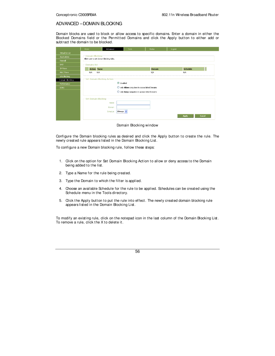 Conceptronic C300BRS4A user manual Advanced Domain Blocking, Domain Blocking window 