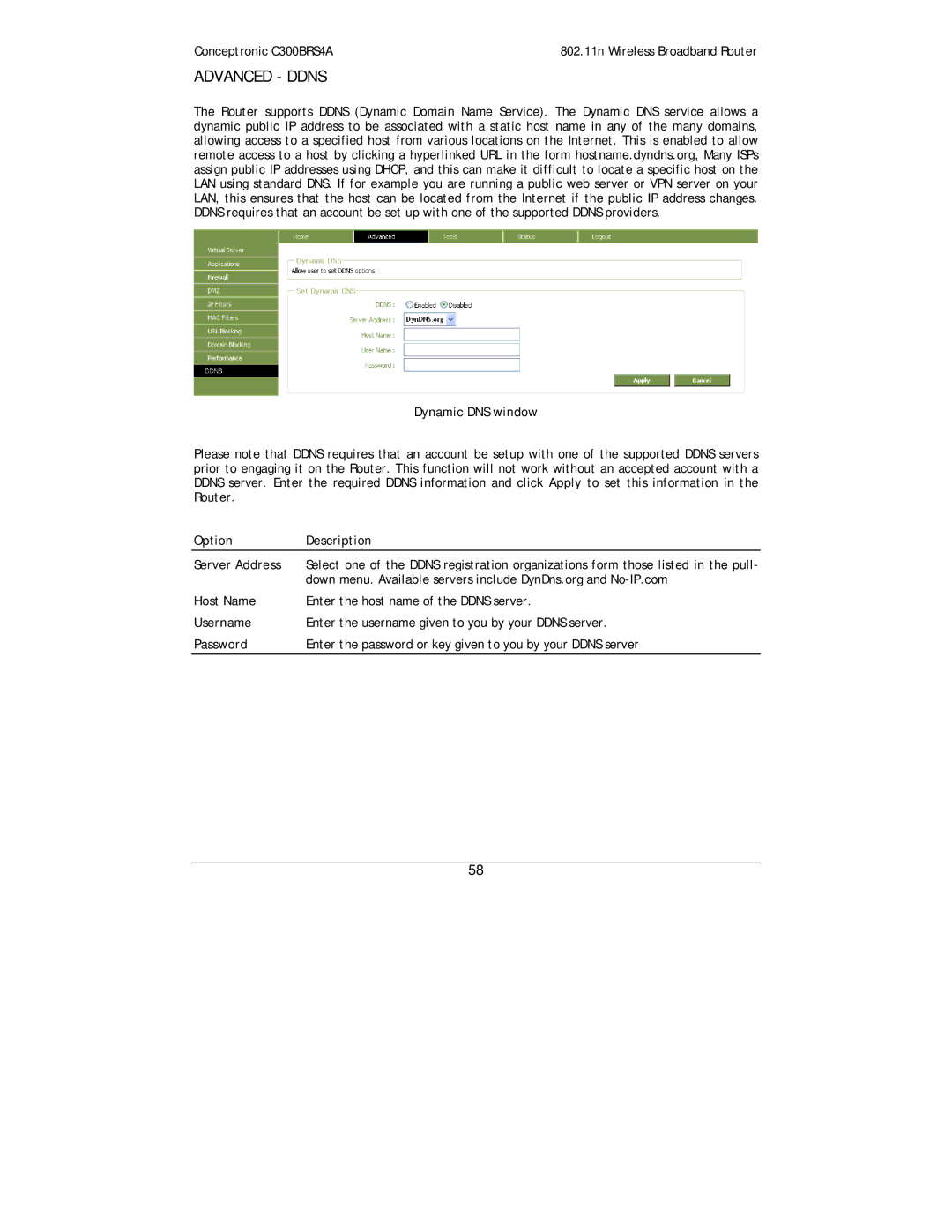 Conceptronic C300BRS4A user manual Advanced Ddns, Dynamic DNS window, Option Description Server Address 