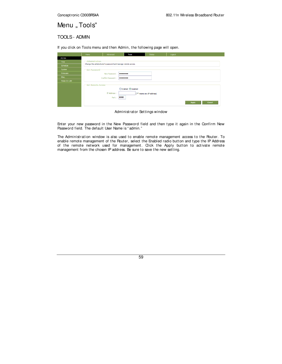 Conceptronic C300BRS4A user manual Menu „Tools, Tools Admin, Administrator Settings window 