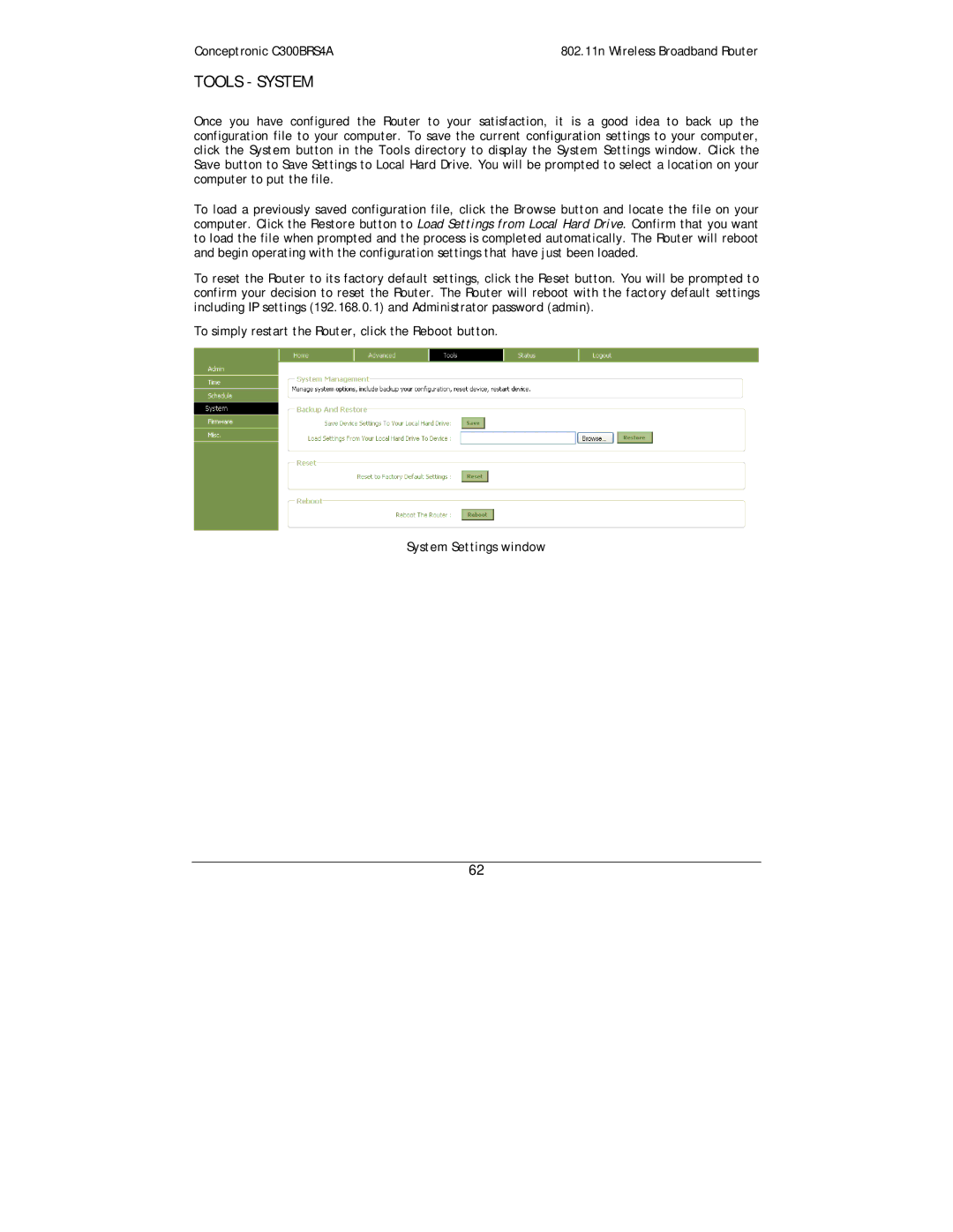 Conceptronic C300BRS4A user manual Tools System, System Settings window 