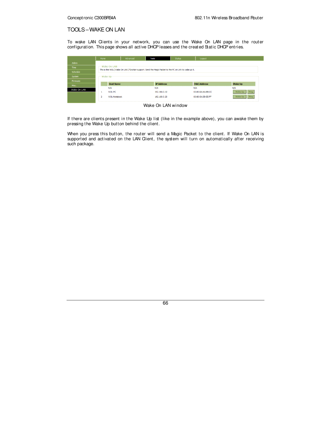 Conceptronic C300BRS4A user manual Tools Wake on LAN, Wake On LAN window 