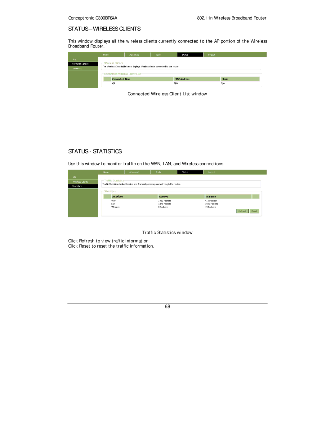 Conceptronic C300BRS4A user manual Status Wireless Clients, Status Statistics, Connected Wireless Client List window 