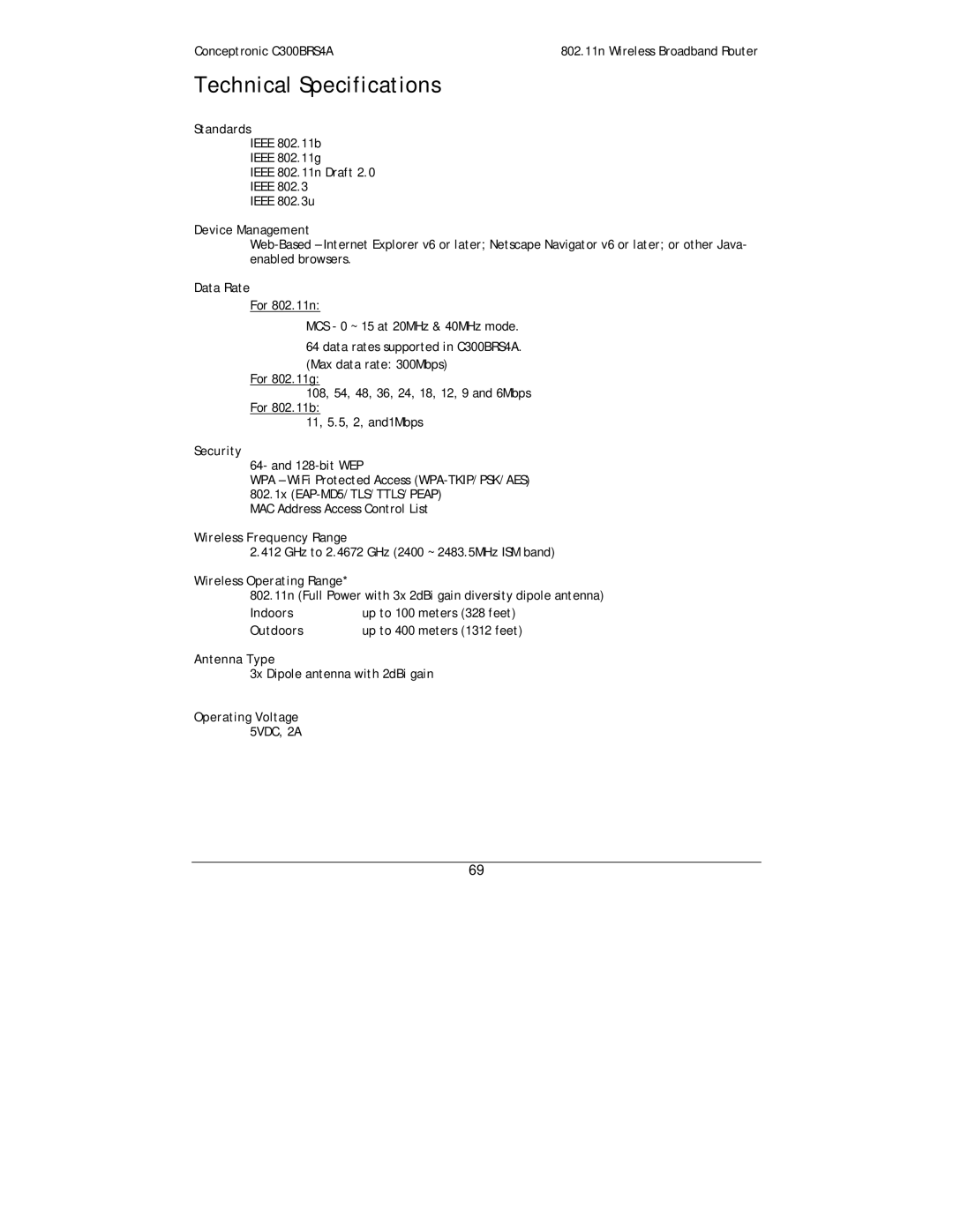 Conceptronic C300BRS4A user manual Technical Specifications 