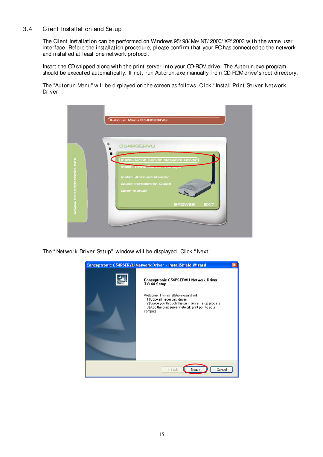 Conceptronic C54PSERVU user manual Client Installation and Setup 