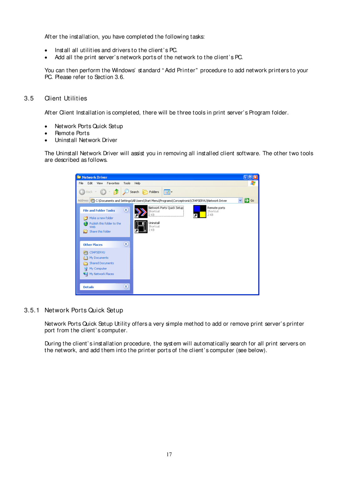 Conceptronic C54PSERVU user manual Client Utilities, Network Ports Quick Setup 