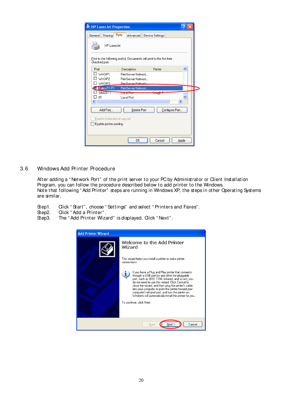 Conceptronic C54PSERVU user manual Windows Add Printer Procedure 