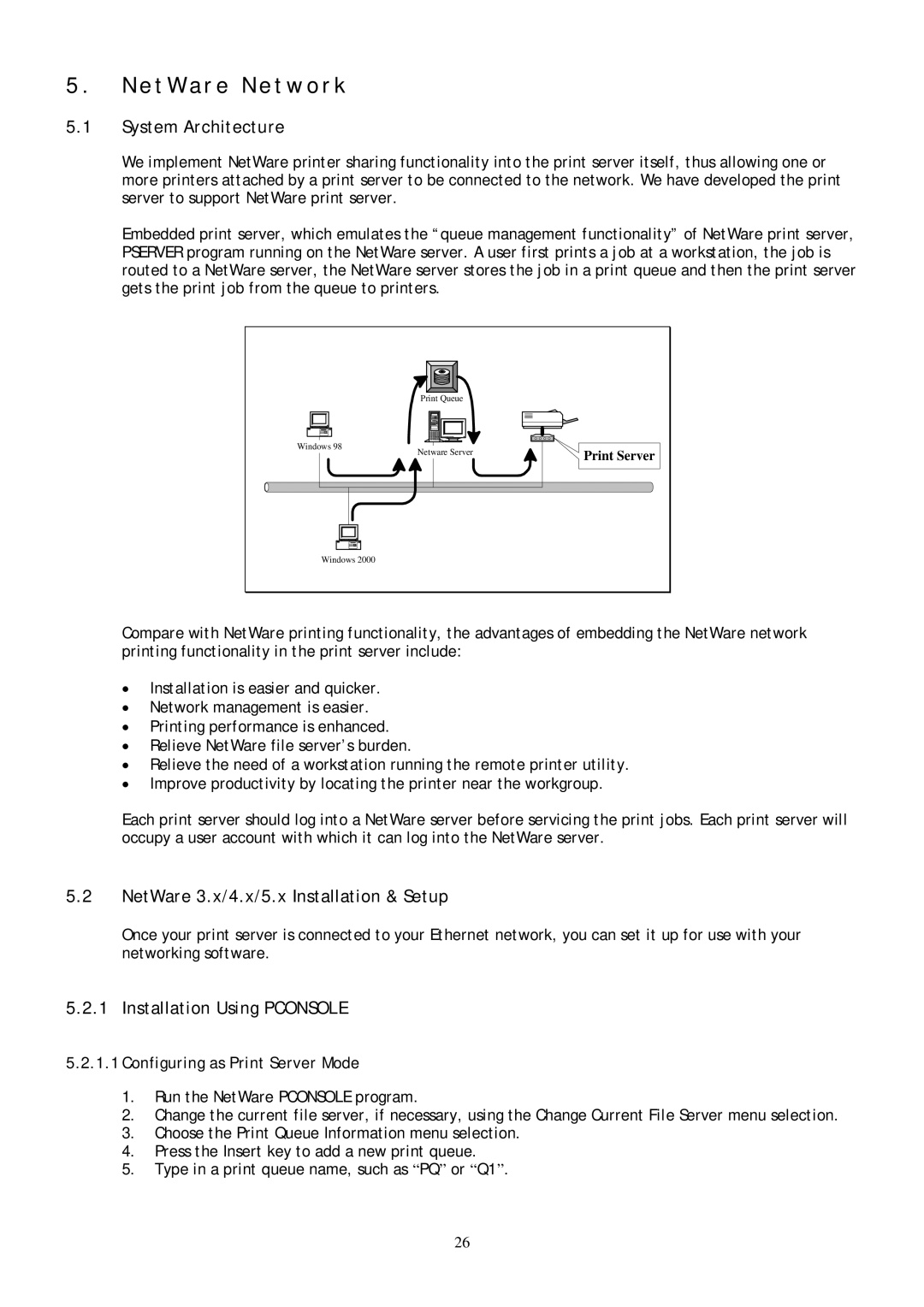 Conceptronic C54PSERVU E t W a r e N e t w o r k, NetWare 3.x/4.x/5.x Installation & Setup, Installation Using Pconsole 