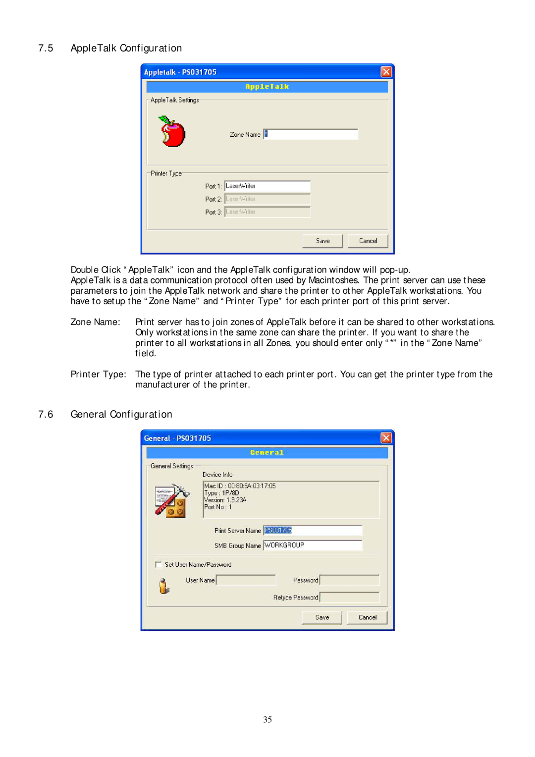 Conceptronic C54PSERVU user manual AppleTalk Configuration, General Configuration 