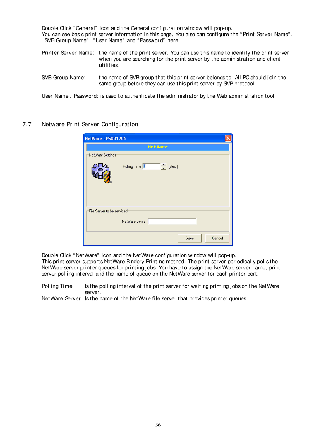 Conceptronic C54PSERVU user manual Netware Print Server Configuration, Printer Server Name SMB Group Name 