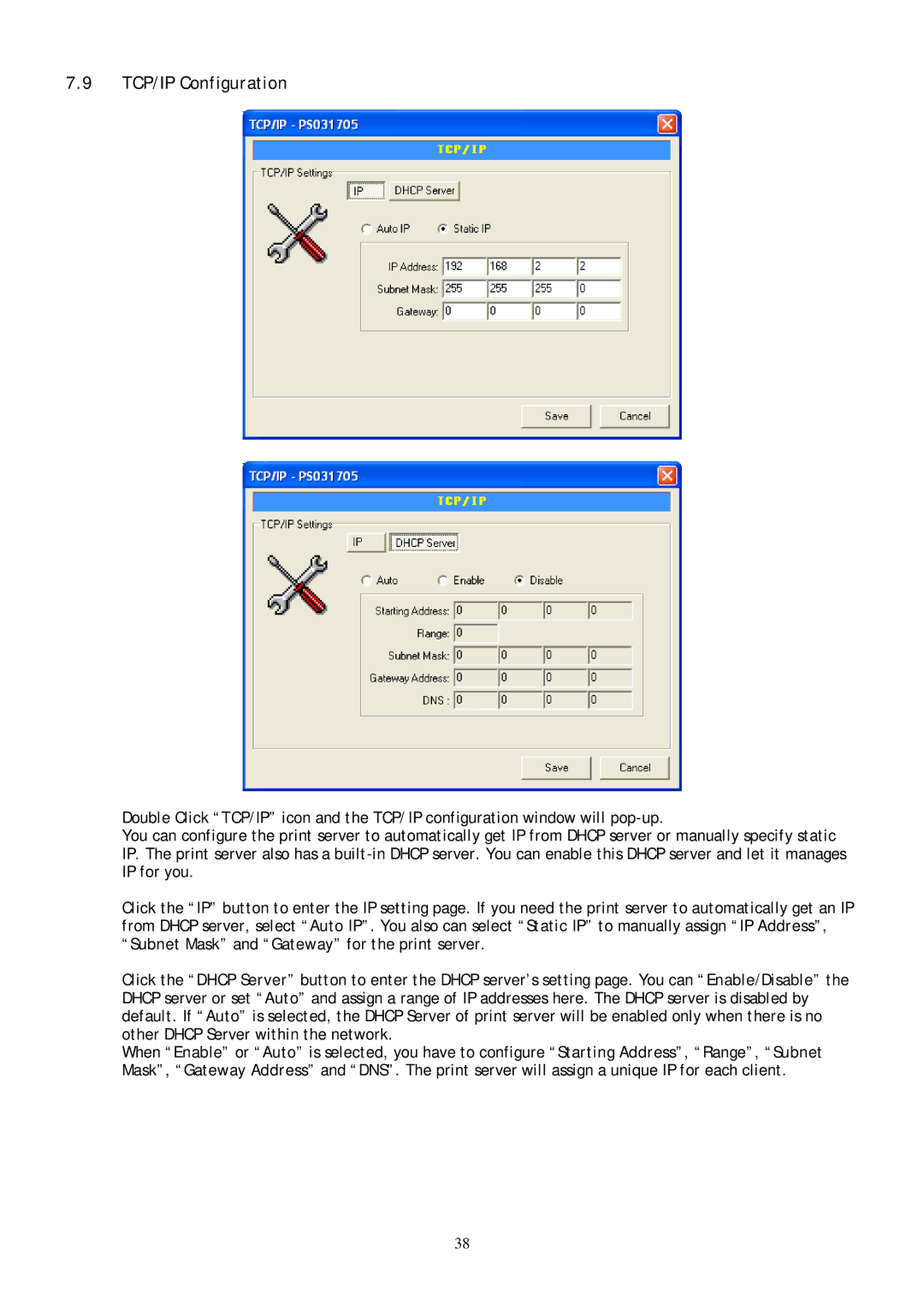 Conceptronic C54PSERVU user manual TCP/IP Configuration 