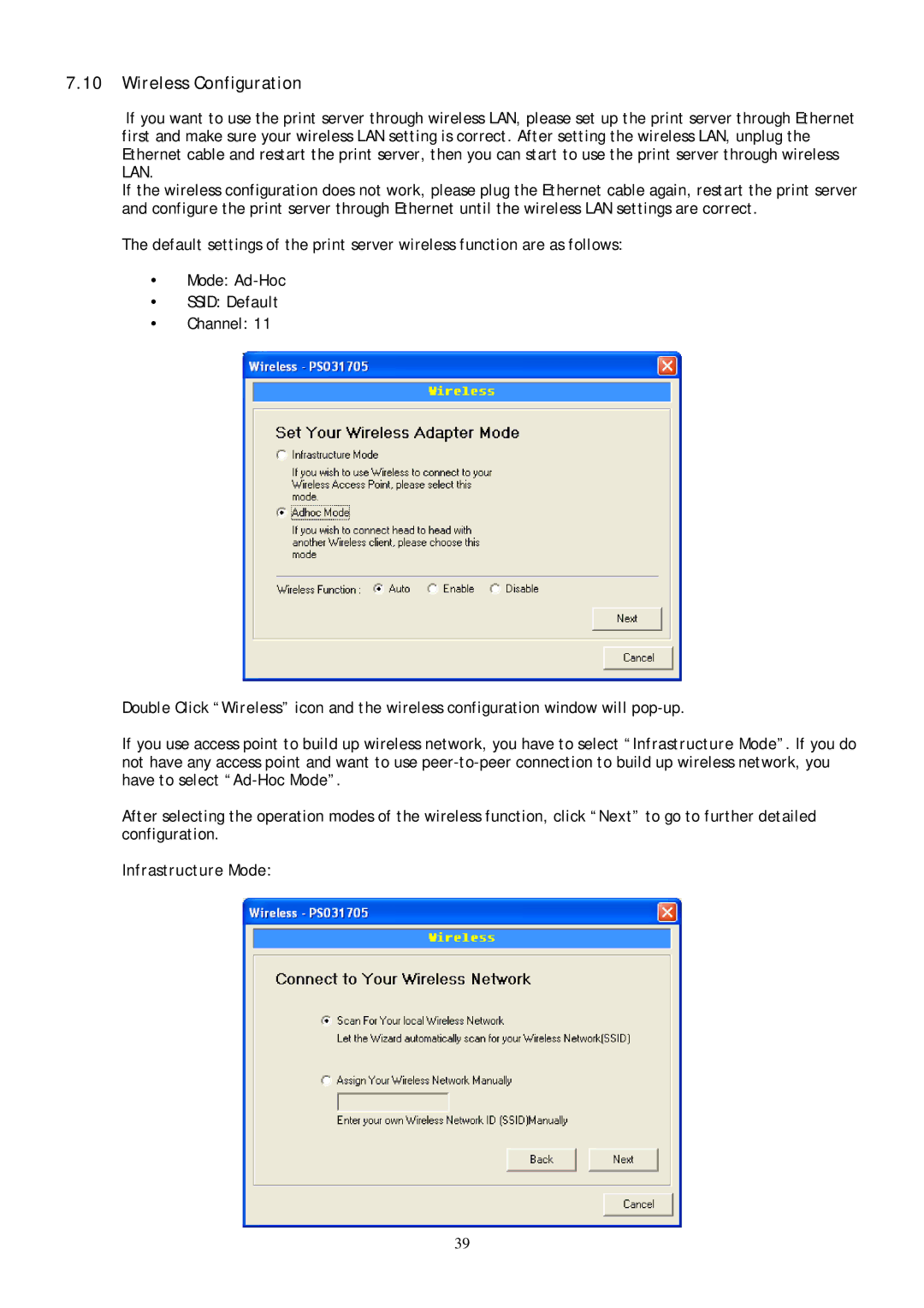 Conceptronic C54PSERVU user manual Wireless Configuration, Ssid Default, Infrastructure Mode 