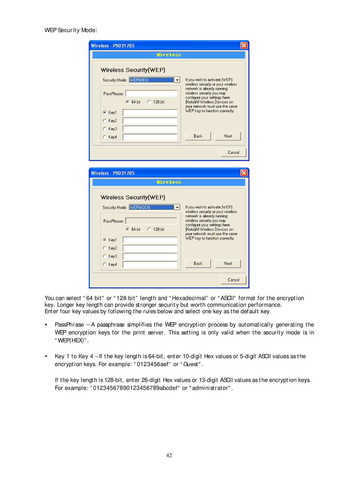 Conceptronic C54PSERVU user manual WEP Security Mode, For example 01234567890123456789abcdef or administrator 