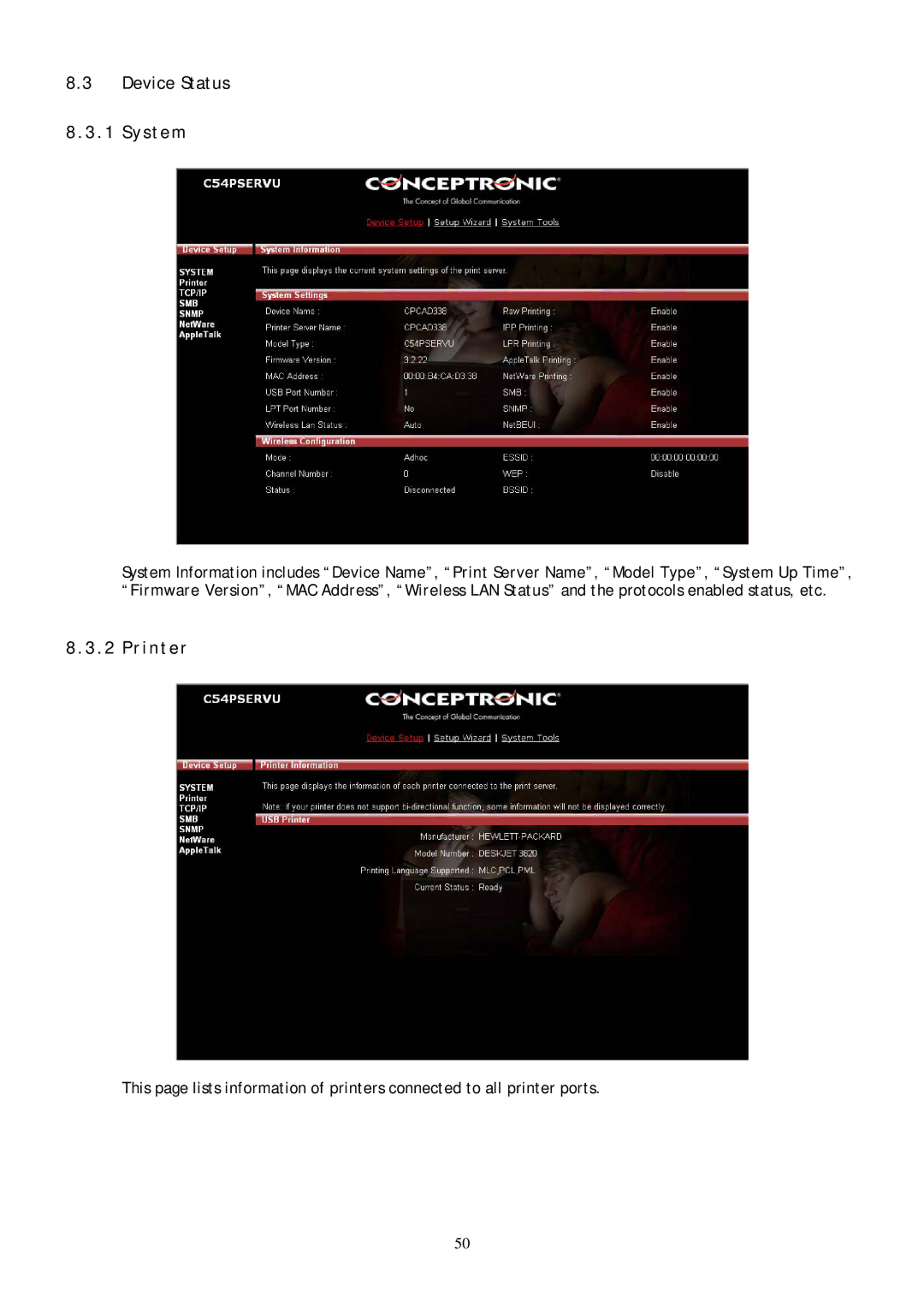 Conceptronic C54PSERVU user manual Device Status System, Printer 