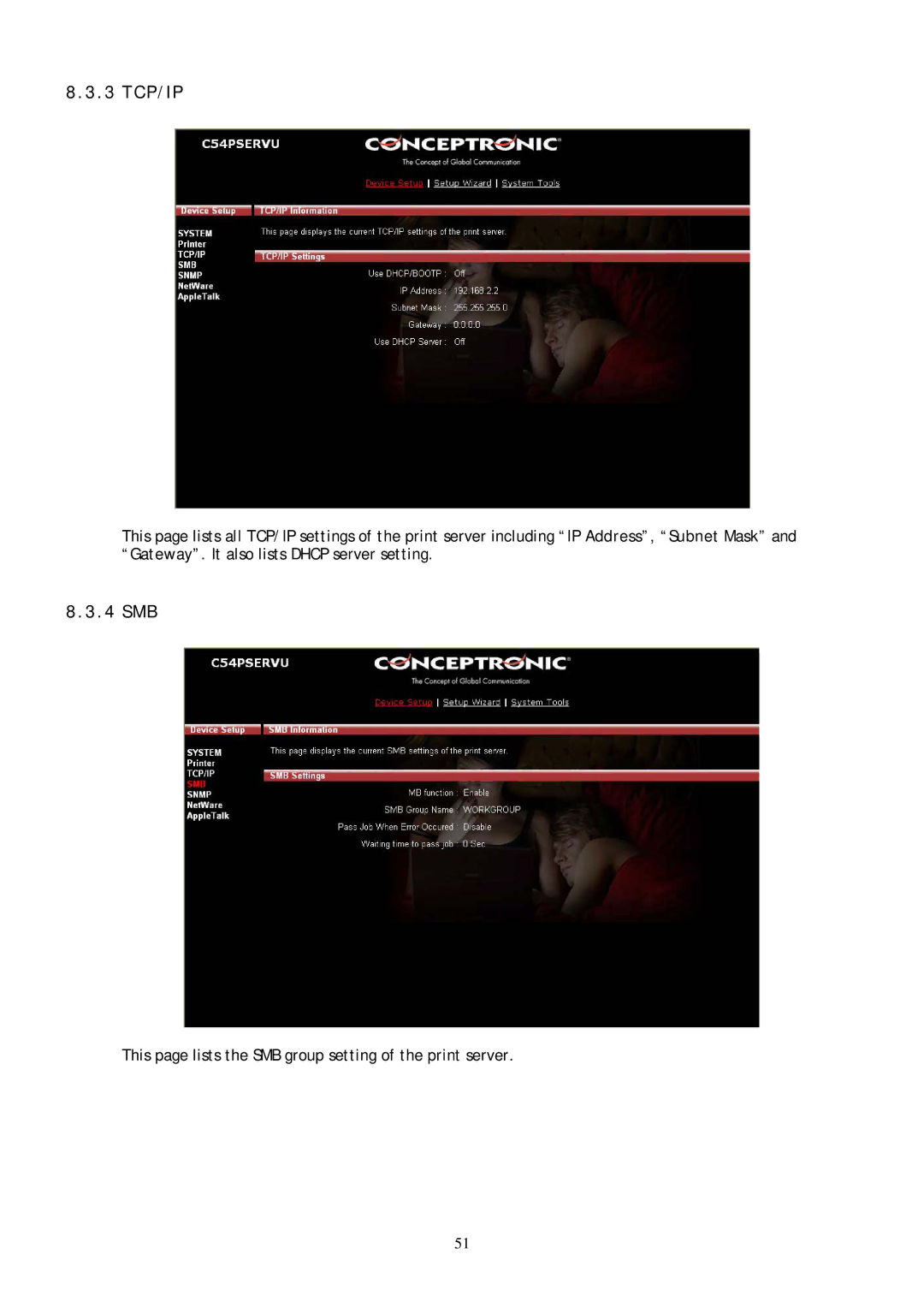 Conceptronic C54PSERVU user manual 3 TCP/IP, 4 SMB 