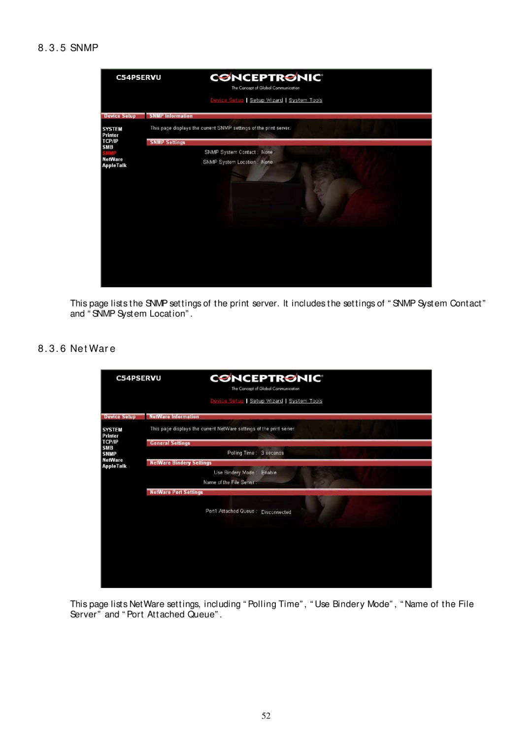 Conceptronic C54PSERVU user manual Snmp, NetWare 
