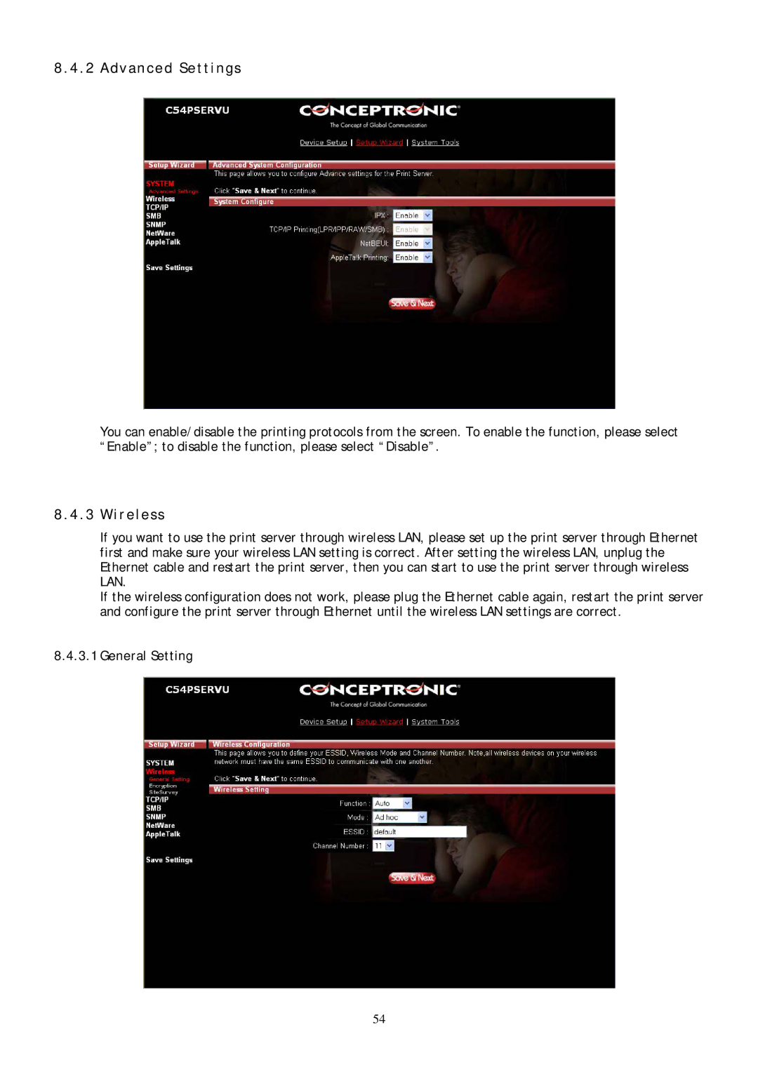 Conceptronic C54PSERVU user manual Advanced Settings, Wireless, General Setting 