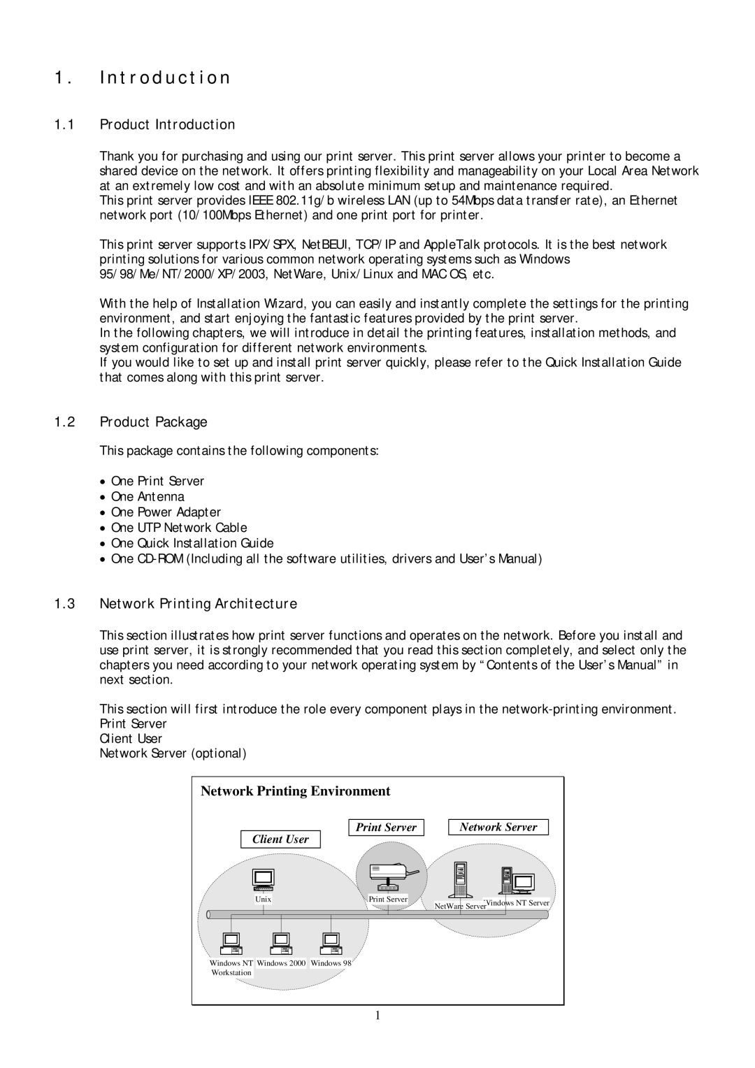 Conceptronic C54PSERVU N t r o d u c t i o n, Product Introduction, Product Package, Network Printing Architecture 