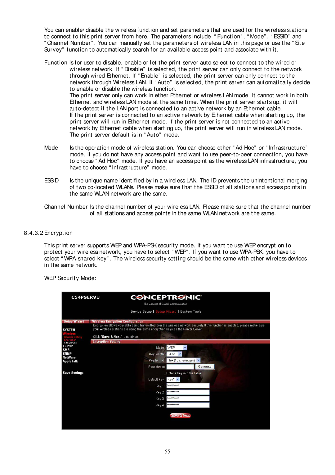 Conceptronic C54PSERVU user manual Encryption, WEP Security Mode 