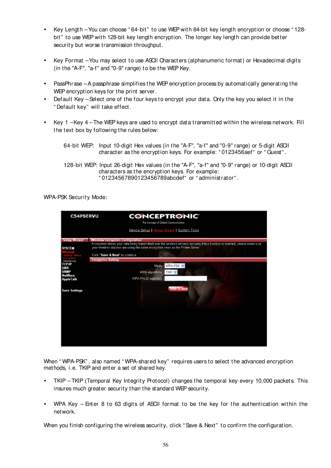 Conceptronic C54PSERVU user manual WPA-PSK Security Mode 