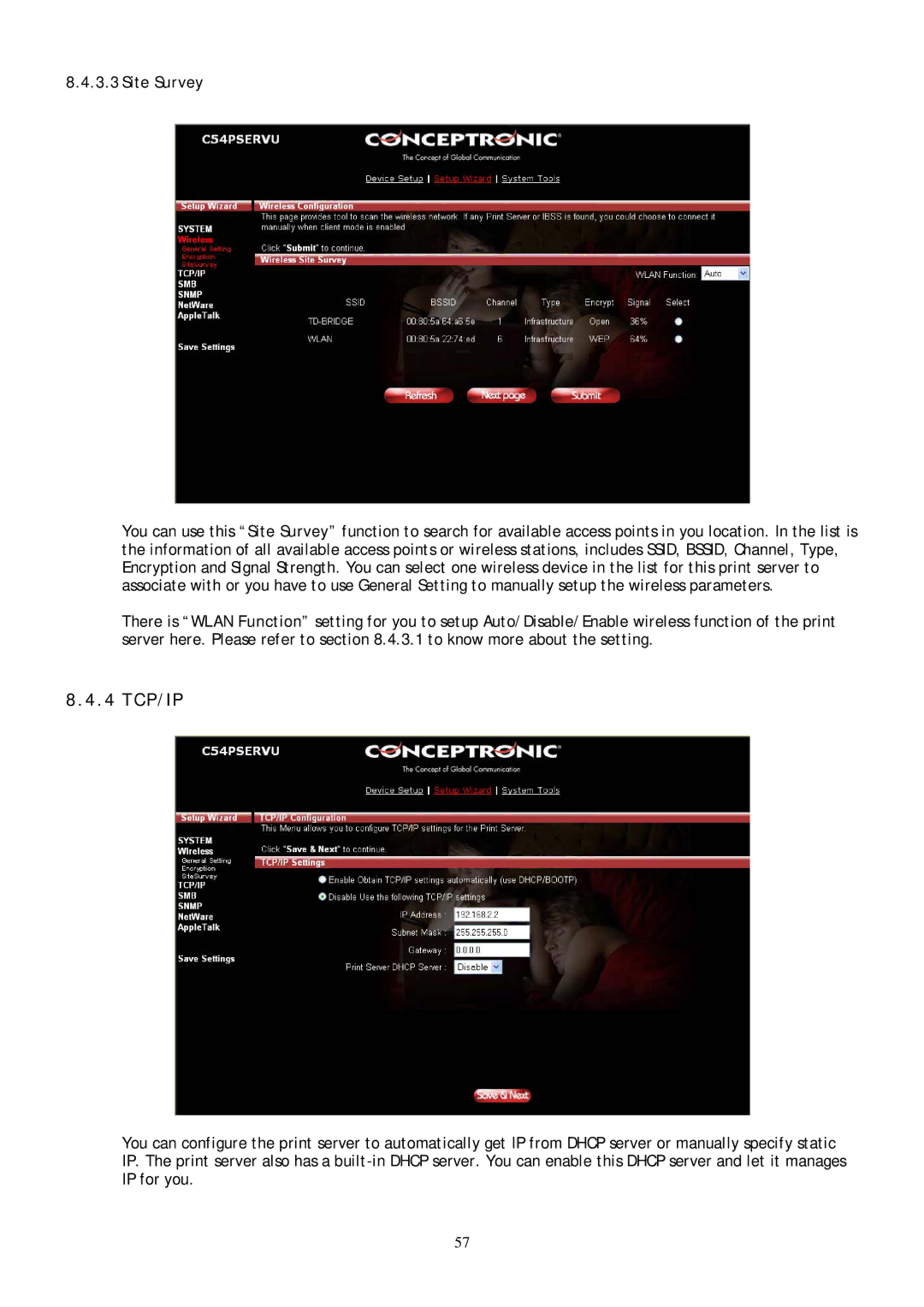 Conceptronic C54PSERVU user manual 4 TCP/IP, Site Survey 
