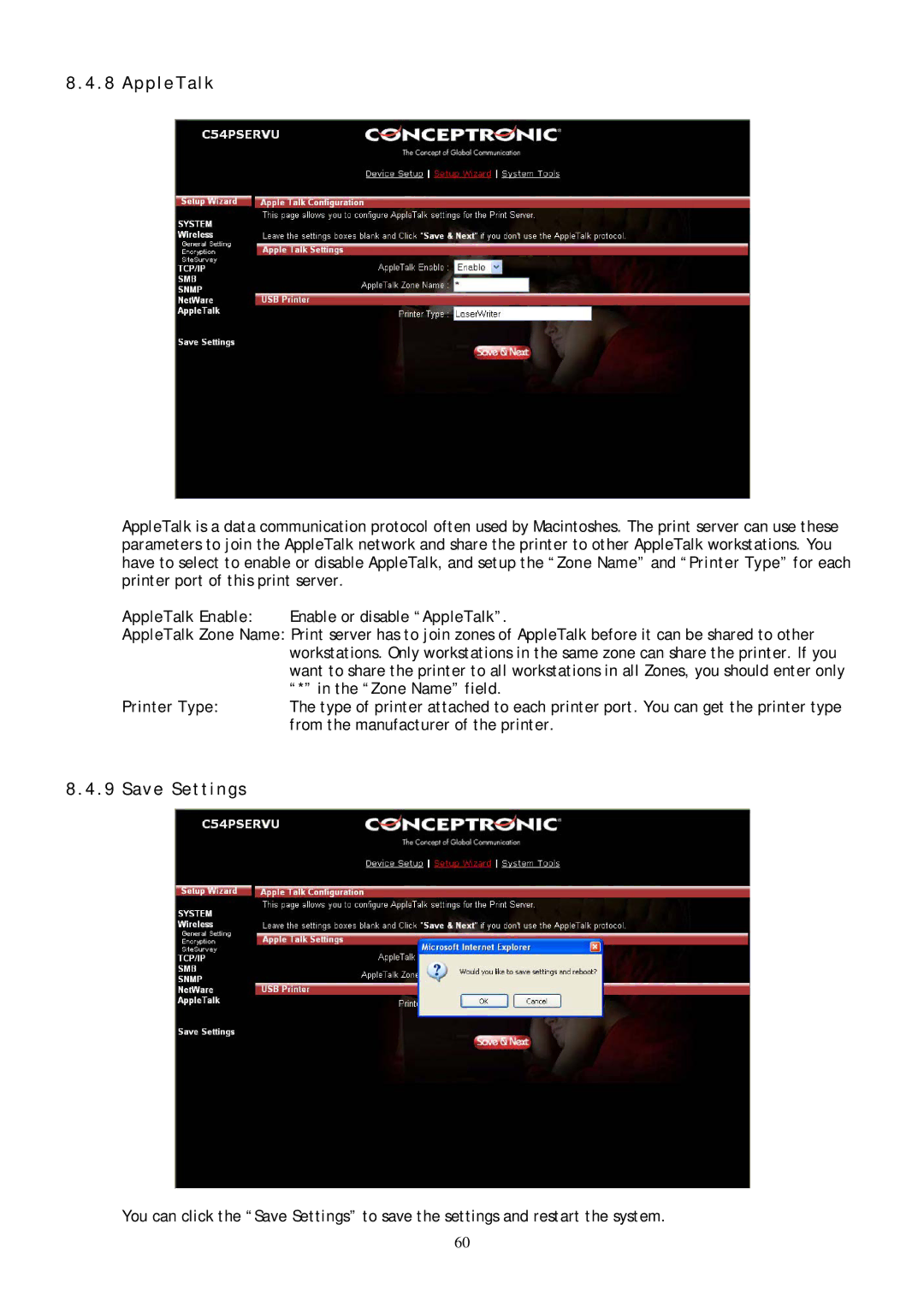 Conceptronic C54PSERVU user manual Save Settings, AppleTalk Enable Enable or disable AppleTalk 