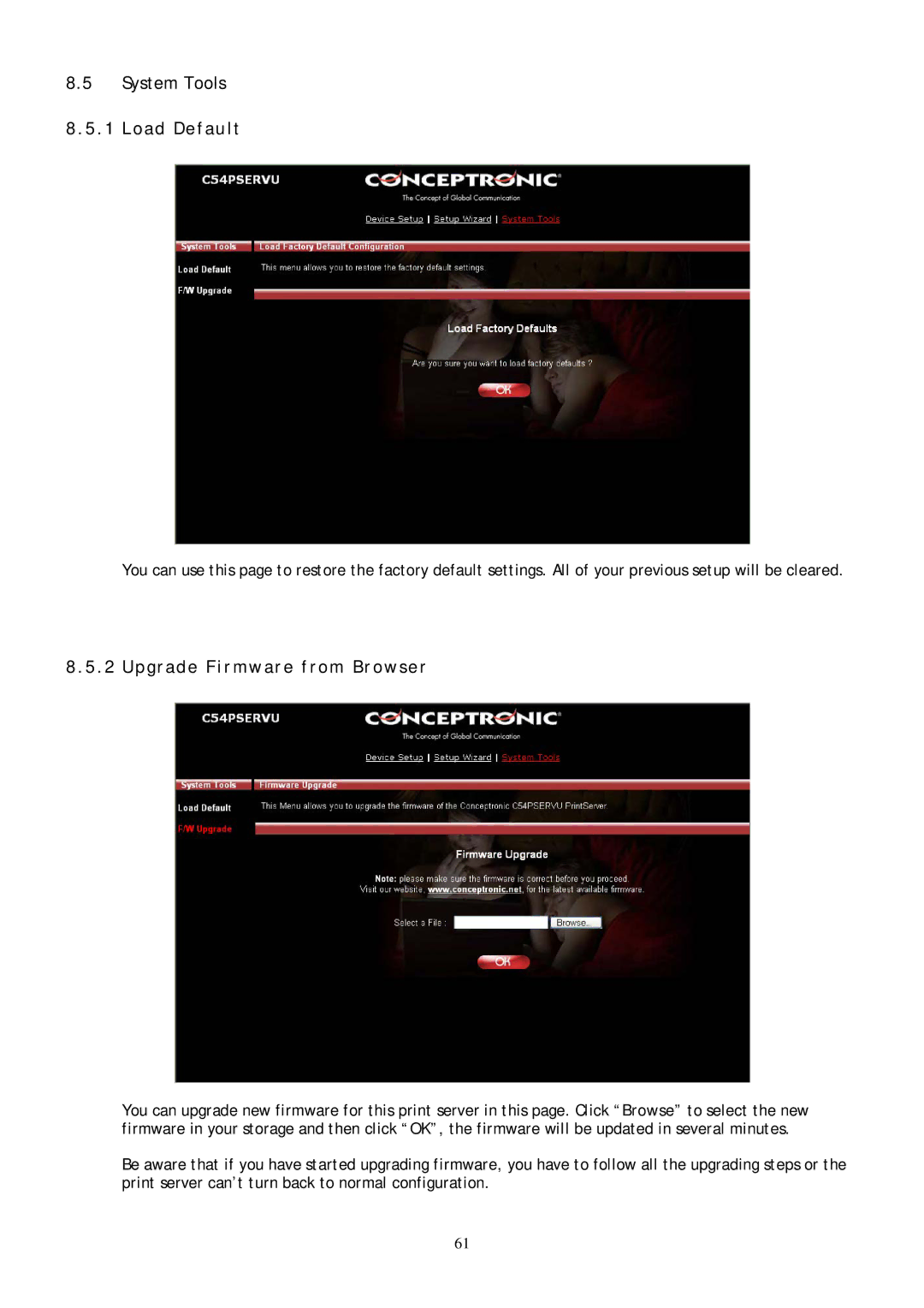 Conceptronic C54PSERVU user manual System Tools 8.5.1 Load Default, Upgrade Firmware from Browser 