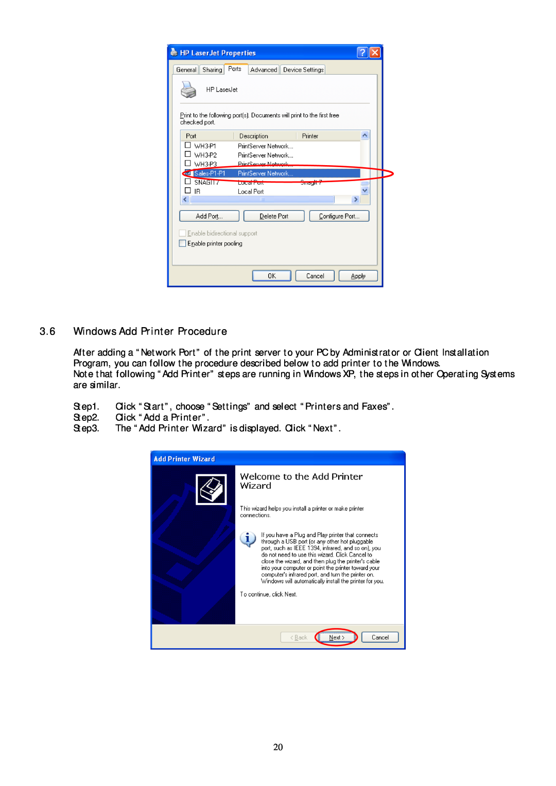Conceptronic C54PSERVU user manual Windows Add Printer Procedure 