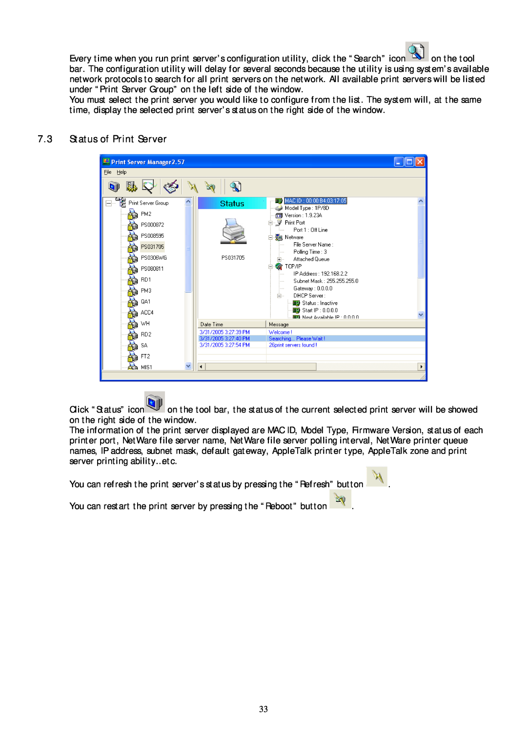 Conceptronic C54PSERVU user manual Status of Print Server 