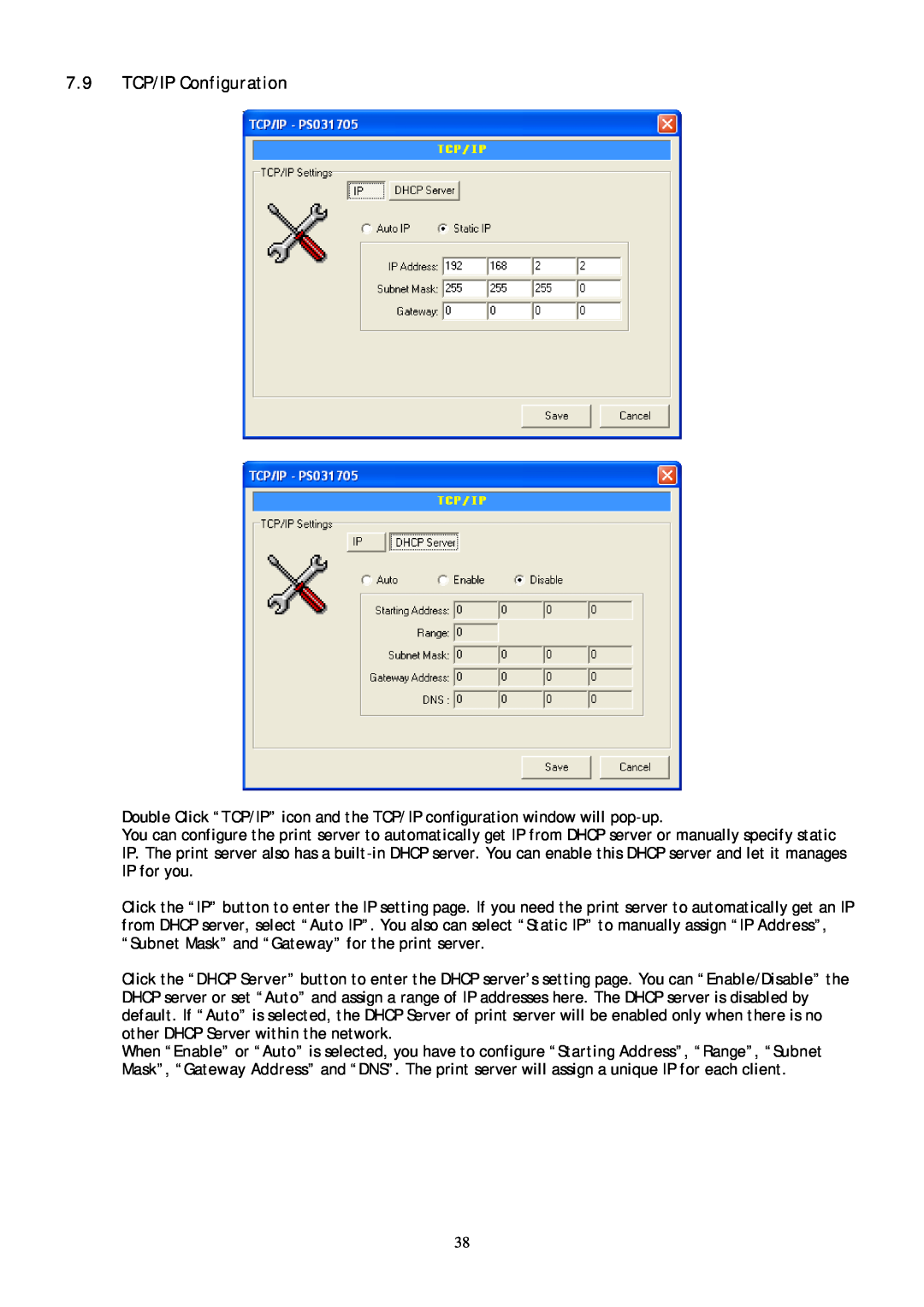 Conceptronic C54PSERVU user manual 7.9 TCP/IP Configuration 