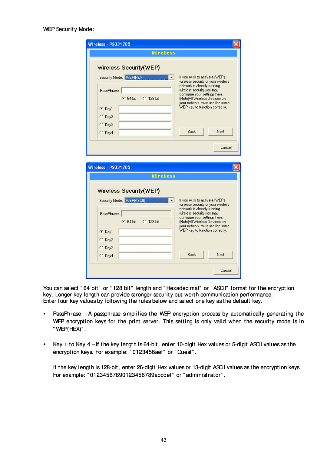 Conceptronic C54PSERVU user manual WEP Security Mode, “Wephex”, For example “01234567890123456789abcdef“ or “administrator“ 