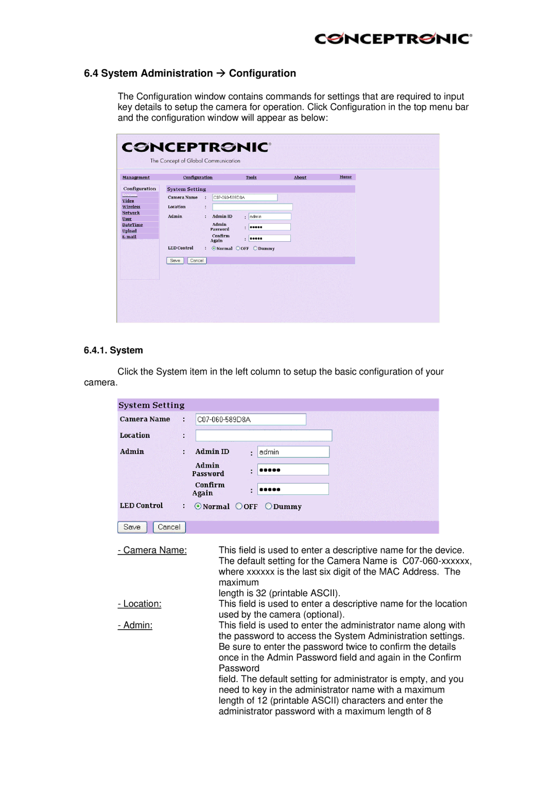 Conceptronic CNETCAM, Conceptronic, C54NETCAM manual System Administration Æ Configuration 