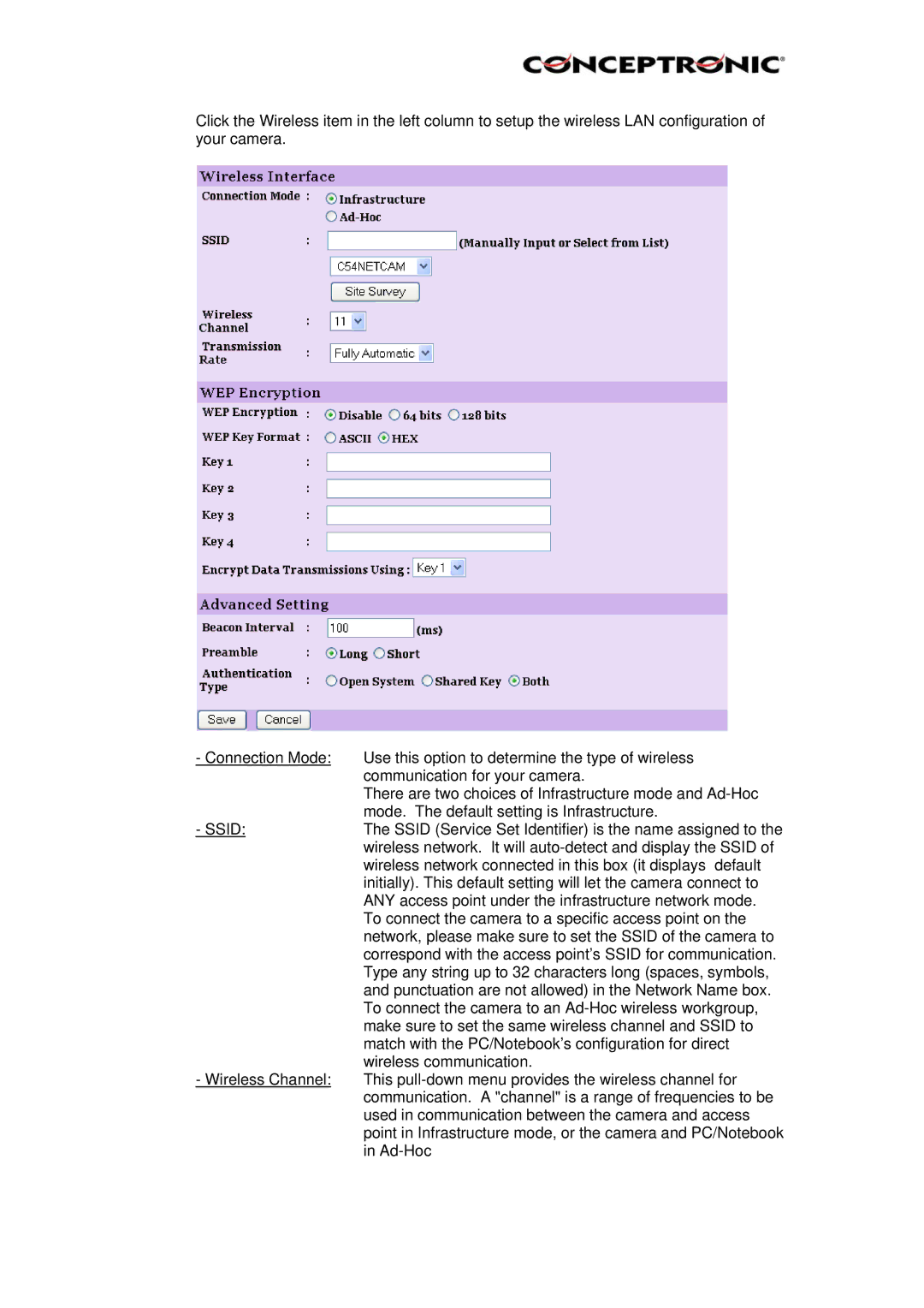 Conceptronic Conceptronic, CNETCAM, C54NETCAM manual Ssid 