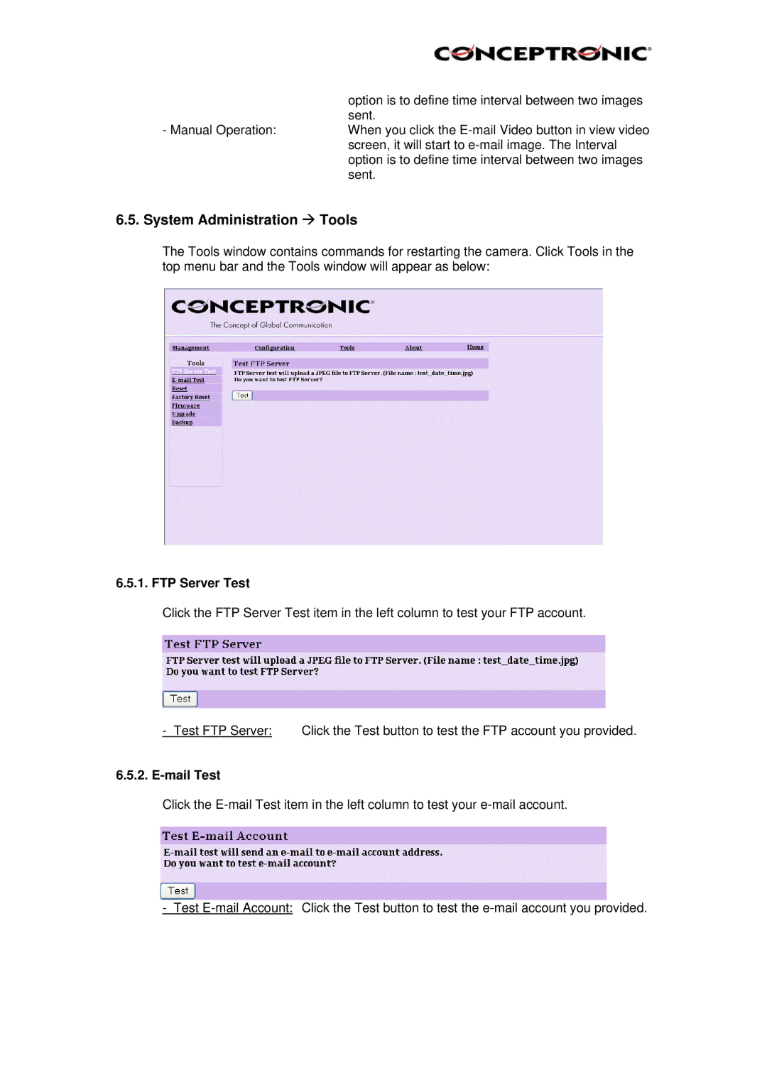 Conceptronic CNETCAM, Conceptronic, C54NETCAM manual System Administration Æ Tools, FTP Server Test, Mail Test 