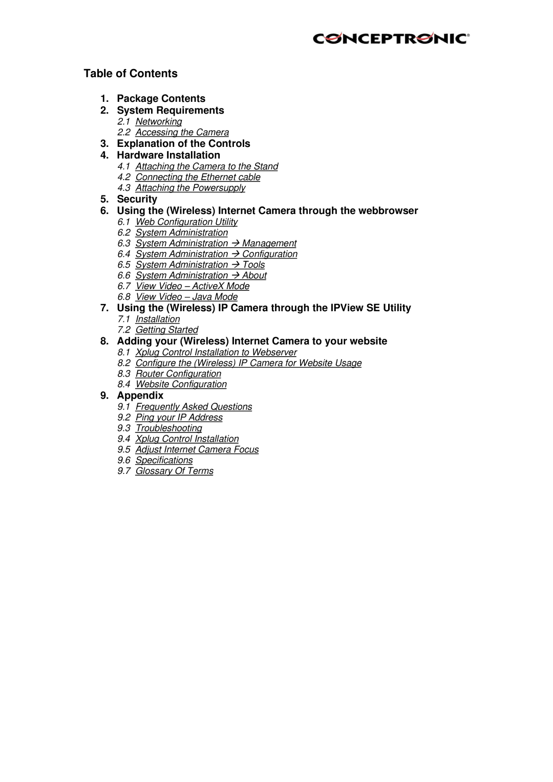 Conceptronic C54NETCAM, Conceptronic, CNETCAM manual Table of Contents 