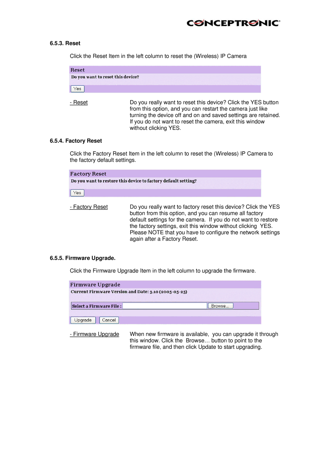 Conceptronic C54NETCAM, Conceptronic, CNETCAM manual Factory Reset, Firmware Upgrade 